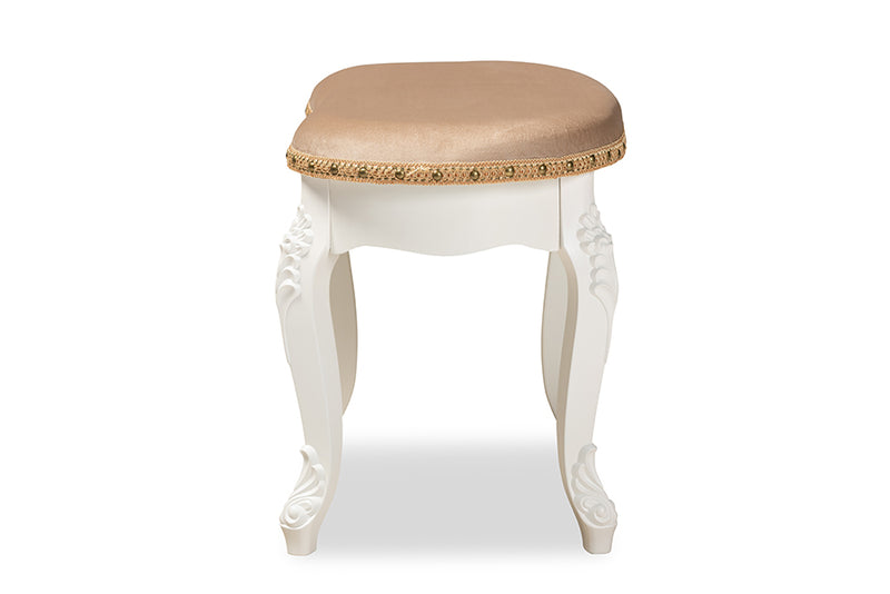 Baxton Studio Gabrielle Traditional French Country Provincial Sand Velvet Fabric Upholstered White-Finished Wood Vanity Ottoman