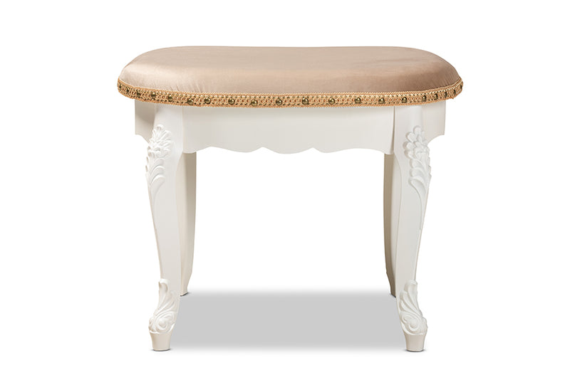 Baxton Studio Gabrielle Traditional French Country Provincial Sand Velvet Fabric Upholstered White-Finished Wood Vanity Ottoman