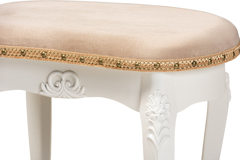 Baxton Studio Gabrielle Traditional French Country Provincial Sand Velvet Fabric Upholstered White-Finished Wood Vanity Ottoman