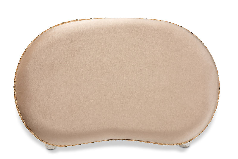 Baxton Studio Gabrielle Traditional French Country Provincial Sand Velvet Fabric Upholstered White-Finished Wood Vanity Ottoman