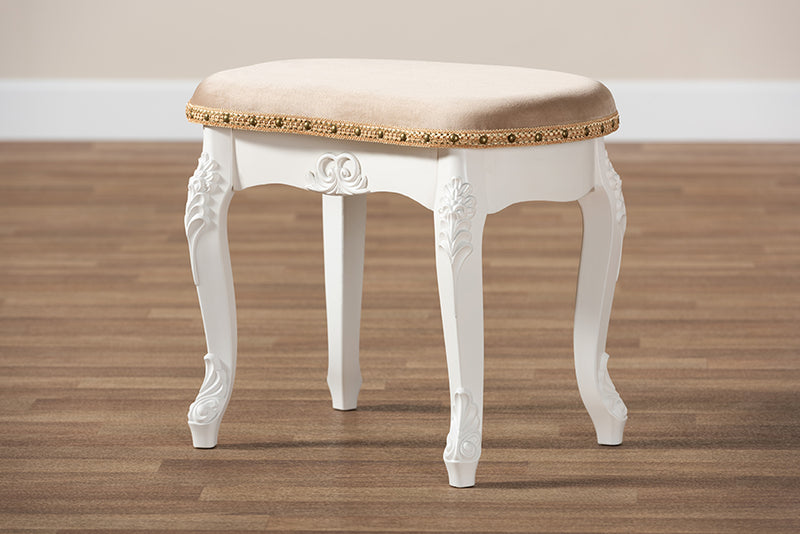 Baxton Studio Gabrielle Traditional French Country Provincial Sand Velvet Fabric Upholstered White-Finished Wood Vanity Ottoman