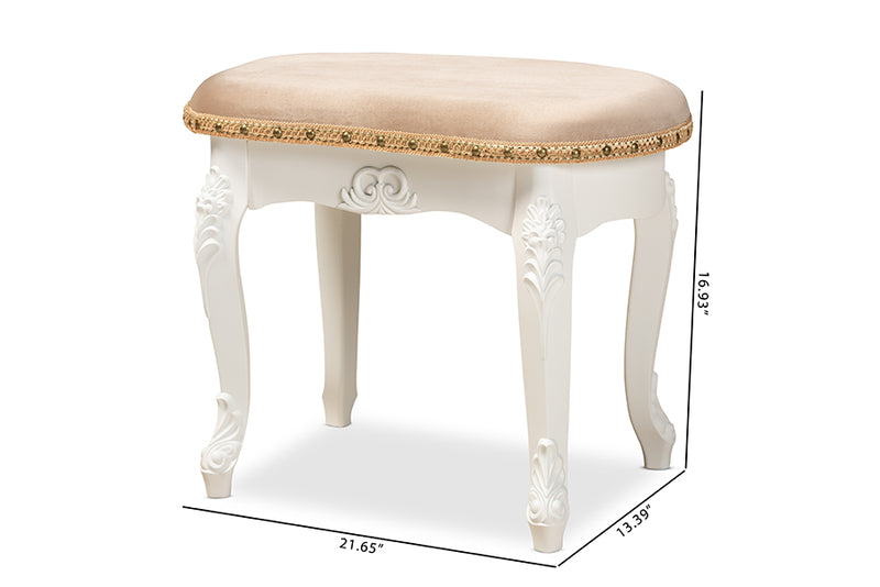 Baxton Studio Gabrielle Traditional French Country Provincial Sand Velvet Fabric Upholstered White-Finished Wood Vanity Ottoman