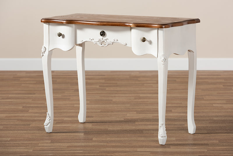 Baxton Studio Sophie Classic Traditional French Country White and Brown Finished Small 3-Drawer Wood Console Table