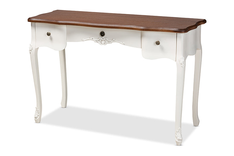Baxton Studio Sophie Classic Traditional French Country White and Brown Finished Large 3-Drawer Wood Console Table
