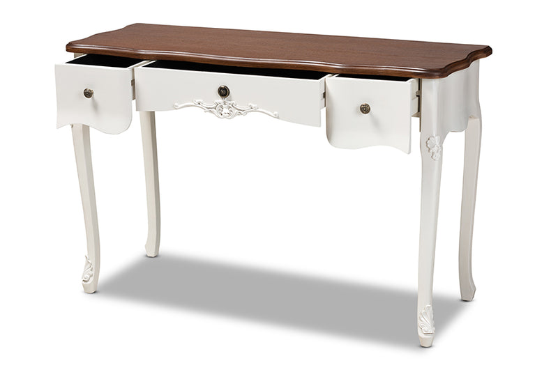 Baxton Studio Sophie Classic Traditional French Country White and Brown Finished Large 3-Drawer Wood Console Table