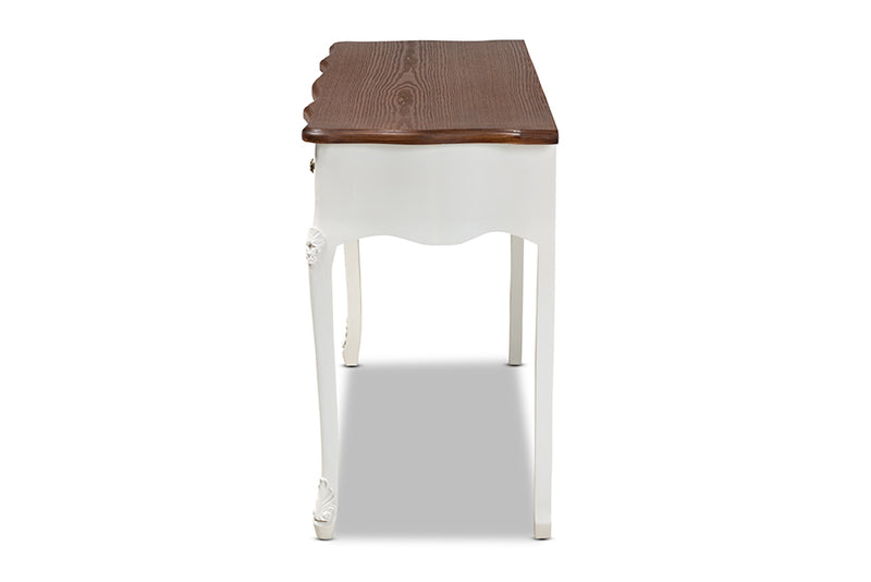 Baxton Studio Sophie Classic Traditional French Country White and Brown Finished Large 3-Drawer Wood Console Table