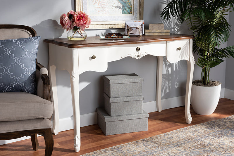 Baxton Studio Sophie Classic Traditional French Country White and Brown Finished Large 3-Drawer Wood Console Table