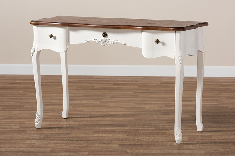 Baxton Studio Sophie Classic Traditional French Country White and Brown Finished Large 3-Drawer Wood Console Table