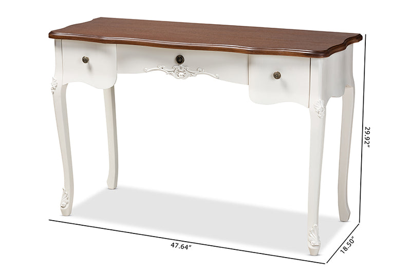 Baxton Studio Sophie Classic Traditional French Country White and Brown Finished Large 3-Drawer Wood Console Table