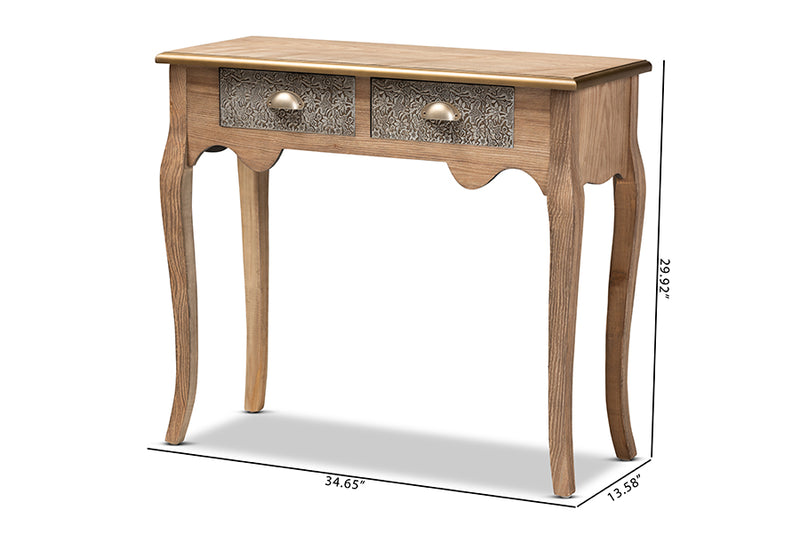 Baxton Studio Clarice French Provincial Natural Brown Finished Wood and Metal 2-Drawer Console Table
