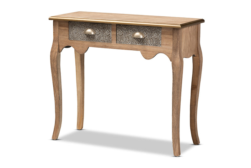 Baxton Studio Clarice French Provincial Natural Brown Finished Wood and Metal 2-Drawer Console Table