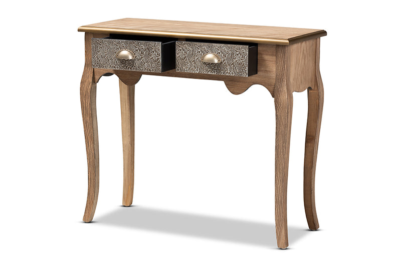 Baxton Studio Clarice French Provincial Natural Brown Finished Wood and Metal 2-Drawer Console Table