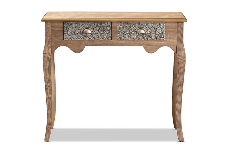 Baxton Studio Clarice French Provincial Natural Brown Finished Wood and Metal 2-Drawer Console Table