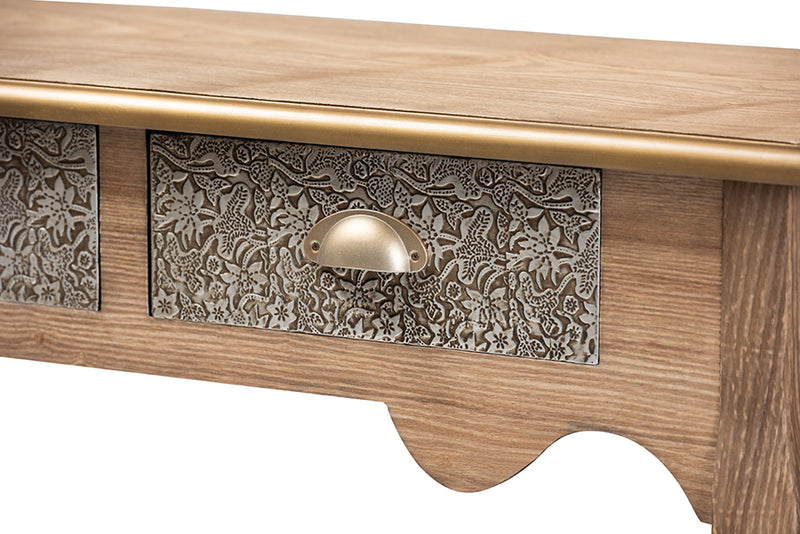 Baxton Studio Clarice French Provincial Natural Brown Finished Wood and Metal 2-Drawer Console Table