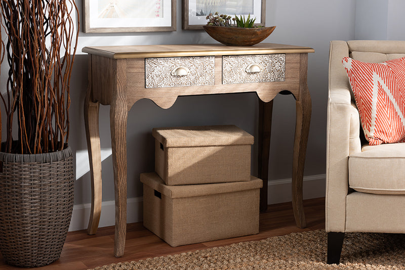 Baxton Studio Clarice French Provincial Natural Brown Finished Wood and Metal 2-Drawer Console Table
