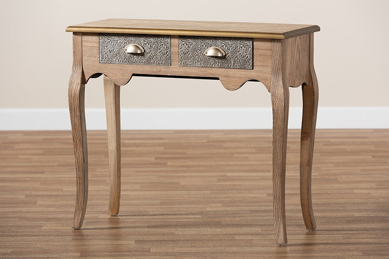 Baxton Studio Clarice French Provincial Natural Brown Finished Wood and Metal 2-Drawer Console Table