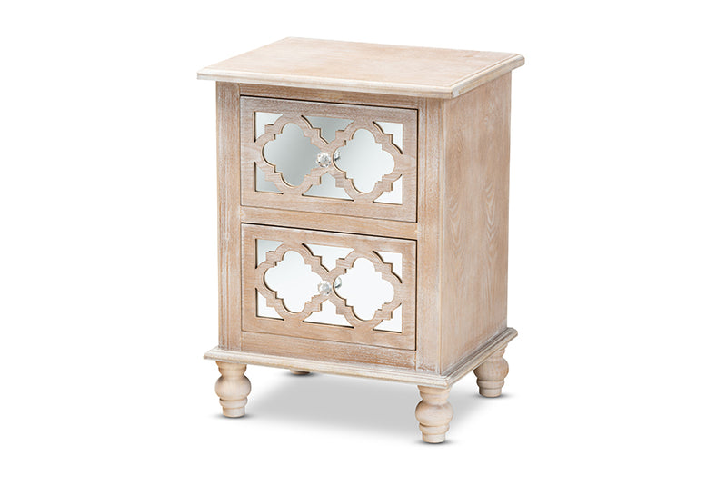 Baxton Studio Celia Transitional Rustic French Country White-Washed Wood and Mirror 2-Drawer Quatrefoil Nightstand