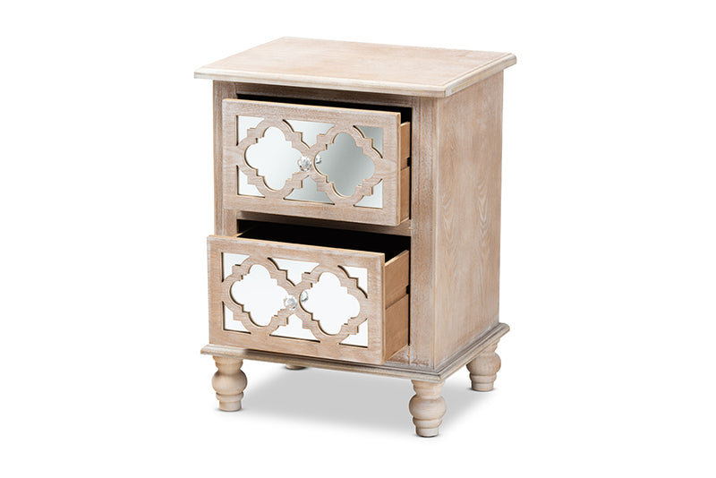 Baxton Studio Celia Transitional Rustic French Country White-Washed Wood and Mirror 2-Drawer Quatrefoil Nightstand