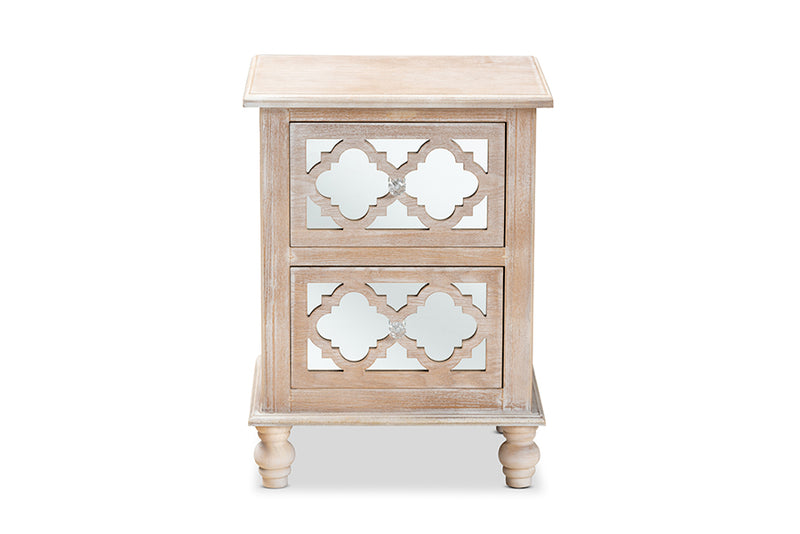 Baxton Studio Celia Transitional Rustic French Country White-Washed Wood and Mirror 2-Drawer Quatrefoil Nightstand