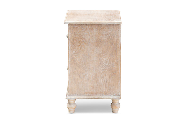 Baxton Studio Celia Transitional Rustic French Country White-Washed Wood and Mirror 2-Drawer Quatrefoil Nightstand