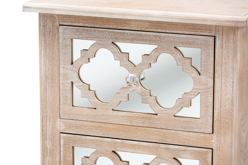 Baxton Studio Celia Transitional Rustic French Country White-Washed Wood and Mirror 2-Drawer Quatrefoil Nightstand