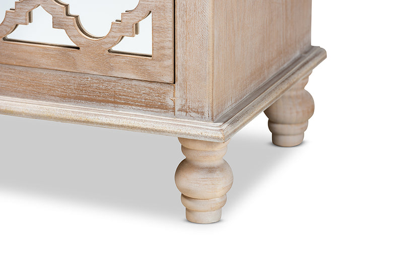 Baxton Studio Celia Transitional Rustic French Country White-Washed Wood and Mirror 2-Drawer Quatrefoil Nightstand