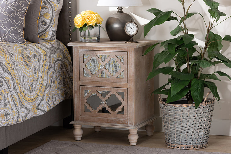Baxton Studio Celia Transitional Rustic French Country White-Washed Wood and Mirror 2-Drawer Quatrefoil Nightstand