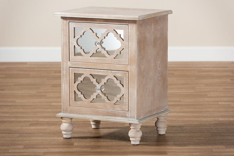 Baxton Studio Celia Transitional Rustic French Country White-Washed Wood and Mirror 2-Drawer Quatrefoil Nightstand