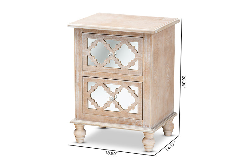 Baxton Studio Celia Transitional Rustic French Country White-Washed Wood and Mirror 2-Drawer Quatrefoil Nightstand