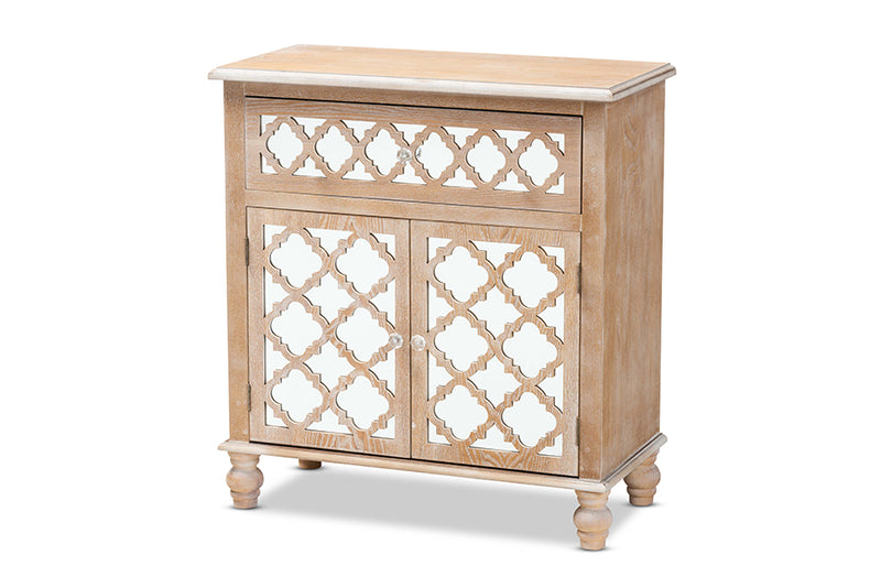 Baxton Studio Leah Glam Farmhouse Rustic Oak Brown Finished Wood and Mirrored 1-Drawer Quatrefoil Storage Cabinet