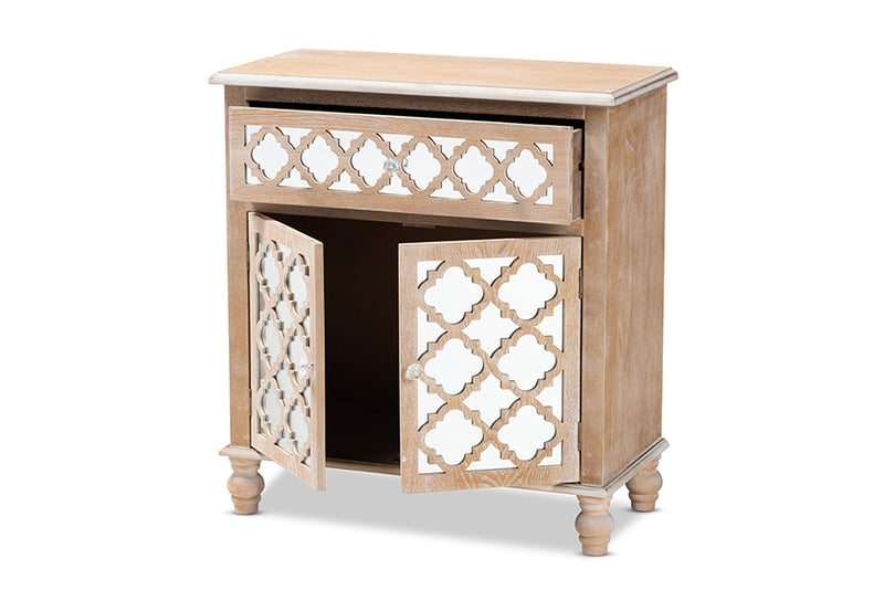 Baxton Studio Leah Glam Farmhouse Rustic Oak Brown Finished Wood and Mirrored 1-Drawer Quatrefoil Storage Cabinet