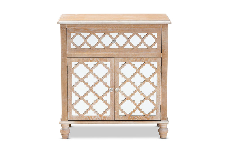 Baxton Studio Leah Glam Farmhouse Rustic Oak Brown Finished Wood and Mirrored 1-Drawer Quatrefoil Storage Cabinet