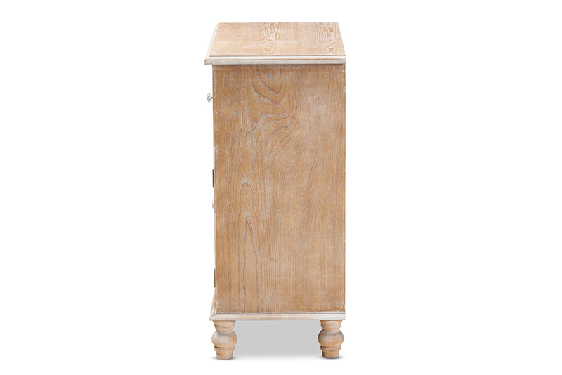 Baxton Studio Leah Glam Farmhouse Rustic Oak Brown Finished Wood and Mirrored 1-Drawer Quatrefoil Storage Cabinet
