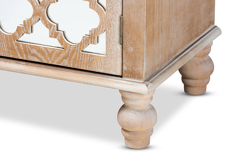 Baxton Studio Leah Glam Farmhouse Rustic Oak Brown Finished Wood and Mirrored 1-Drawer Quatrefoil Storage Cabinet