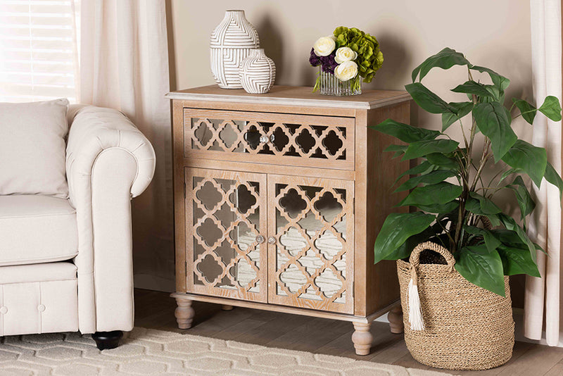 Baxton Studio Leah Glam Farmhouse Rustic Oak Brown Finished Wood and Mirrored 1-Drawer Quatrefoil Storage Cabinet