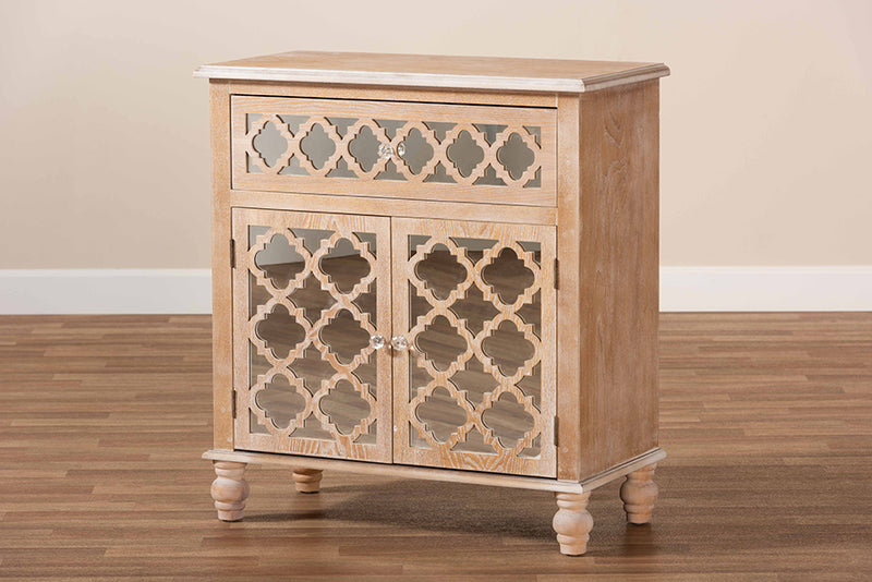 Baxton Studio Leah Glam Farmhouse Rustic Oak Brown Finished Wood and Mirrored 1-Drawer Quatrefoil Storage Cabinet