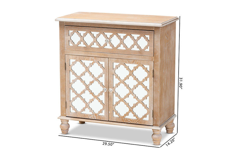 Baxton Studio Leah Glam Farmhouse Rustic Oak Brown Finished Wood and Mirrored 1-Drawer Quatrefoil Storage Cabinet