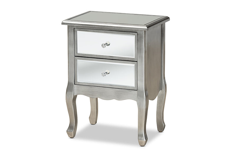 Baxton Studio Leonie Modern Transitional French Brushed Silver Finished Wood and Mirrored Glass 2-Drawer Nightstand