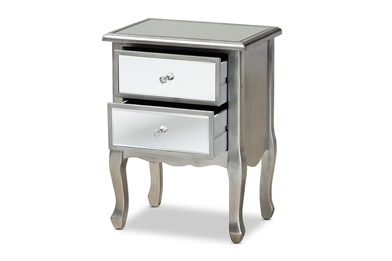 Baxton Studio Leonie Modern Transitional French Brushed Silver Finished Wood and Mirrored Glass 2-Drawer Nightstand