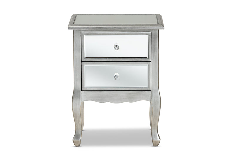Baxton Studio Leonie Modern Transitional French Brushed Silver Finished Wood and Mirrored Glass 2-Drawer Nightstand