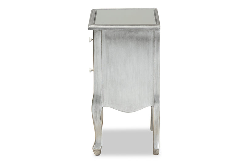 Baxton Studio Leonie Modern Transitional French Brushed Silver Finished Wood and Mirrored Glass 2-Drawer Nightstand