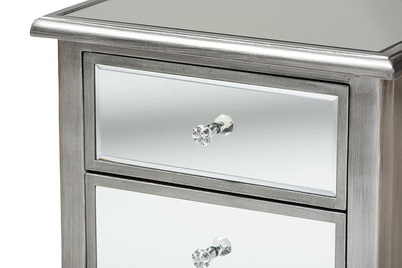 Baxton Studio Leonie Modern Transitional French Brushed Silver Finished Wood and Mirrored Glass 2-Drawer Nightstand