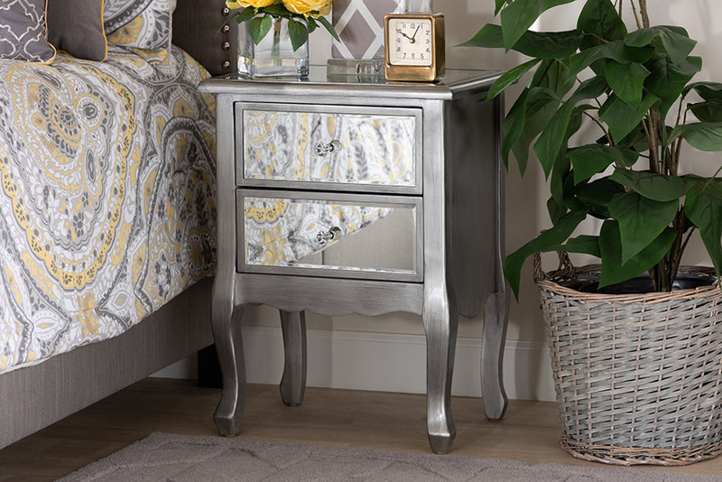 Baxton Studio Leonie Modern Transitional French Brushed Silver Finished Wood and Mirrored Glass 2-Drawer Nightstand