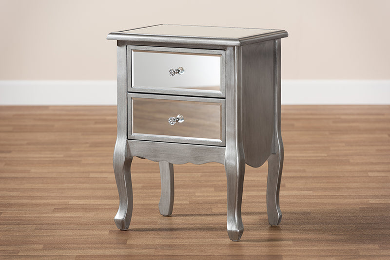 Baxton Studio Leonie Modern Transitional French Brushed Silver Finished Wood and Mirrored Glass 2-Drawer Nightstand
