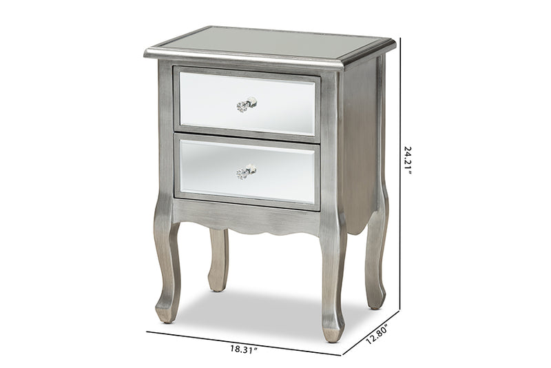 Baxton Studio Leonie Modern Transitional French Brushed Silver Finished Wood and Mirrored Glass 2-Drawer Nightstand