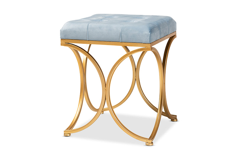 Baxton Studio Margot Art Deco Inspired Light Blue Velvet Fabric Upholstered Gold Finished Metal Ottoman