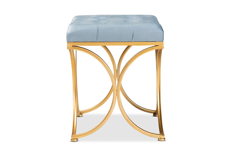 Baxton Studio Margot Art Deco Inspired Light Blue Velvet Fabric Upholstered Gold Finished Metal Ottoman