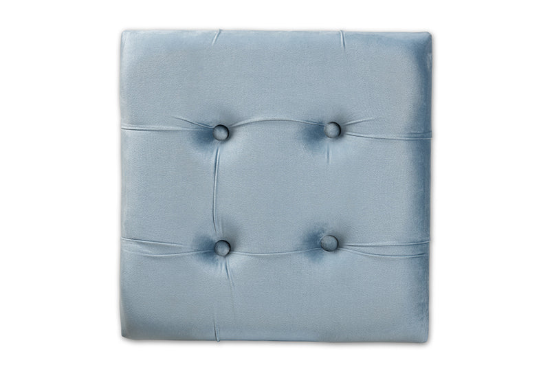 Baxton Studio Margot Art Deco Inspired Light Blue Velvet Fabric Upholstered Gold Finished Metal Ottoman