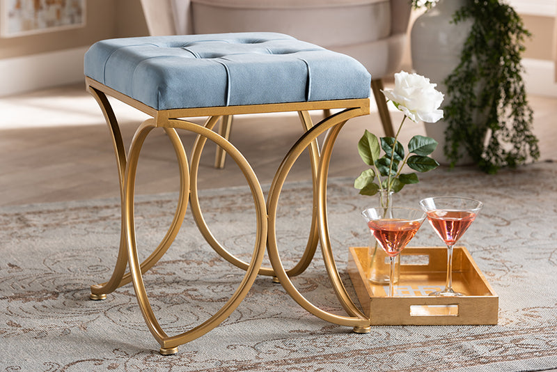 Baxton Studio Margot Art Deco Inspired Light Blue Velvet Fabric Upholstered Gold Finished Metal Ottoman