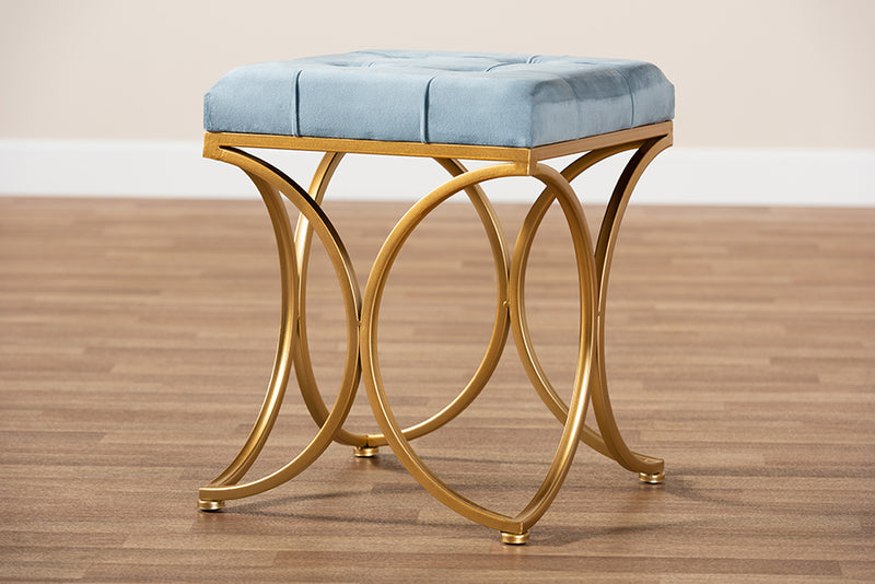 Baxton Studio Margot Art Deco Inspired Light Blue Velvet Fabric Upholstered Gold Finished Metal Ottoman